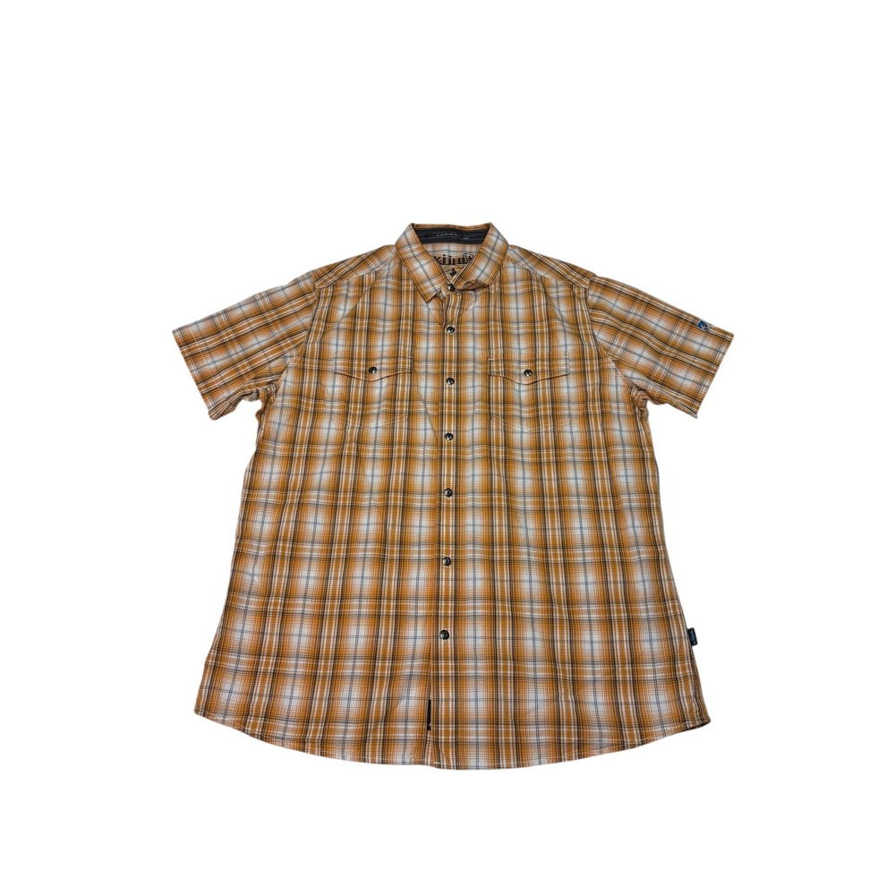 KUHL Mens Plaid Button Up Shirt Orange White Blue Short Sleeve Size Large‎